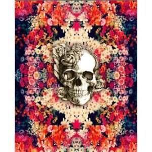 5D Diamond Painting  Skull w/ red pink flowers