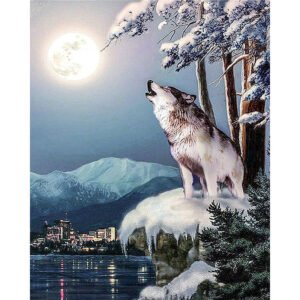 White Wolf Diamond Painted Full Diamond Winter Howling at The Moon