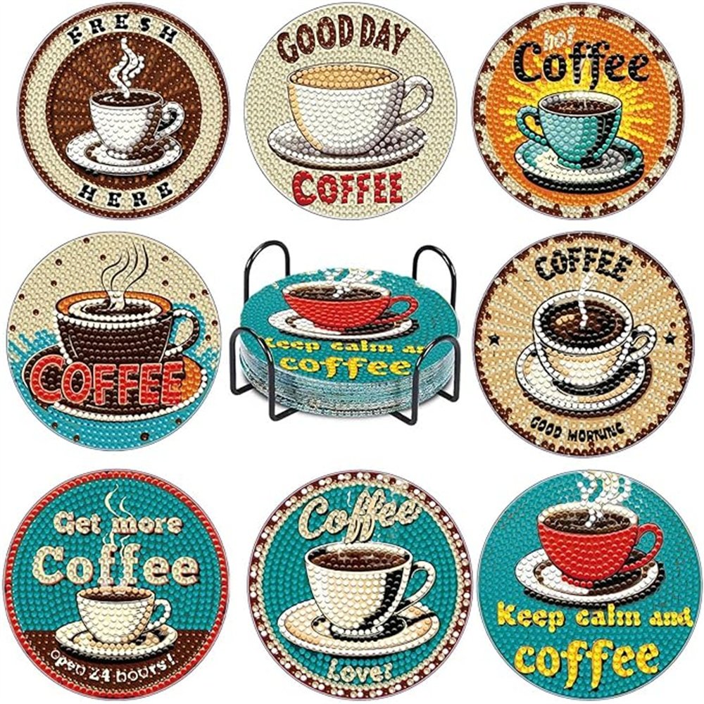 Diamond Art Drawing Coaster With Bracket, DIY Coffee Pattern Diamond Art Coaster, Suitable For Adults And Beginners Diamond Drawing Kit, Diamond Kit Craft Supplies, Exquisite Gifts For Friends