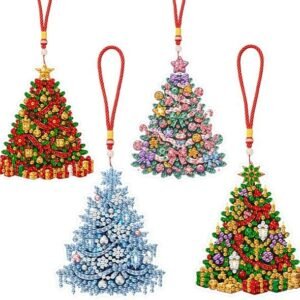4 Pcs Hanging Diamond Art Kit For Adults, Christmas Tree DIY Diamond Painting Ornaments, Acrylic Window Hanging Pendants