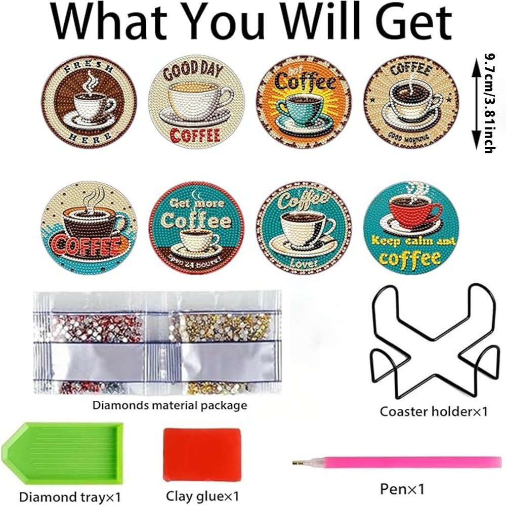 Diamond Art Drawing Coaster With Bracket, DIY Coffee Pattern Diamond Art Coaster, Suitable For Adults And Beginners Diamond Drawing Kit, Diamond Kit Craft Supplies, Exquisite Gifts For Friends - Image 5